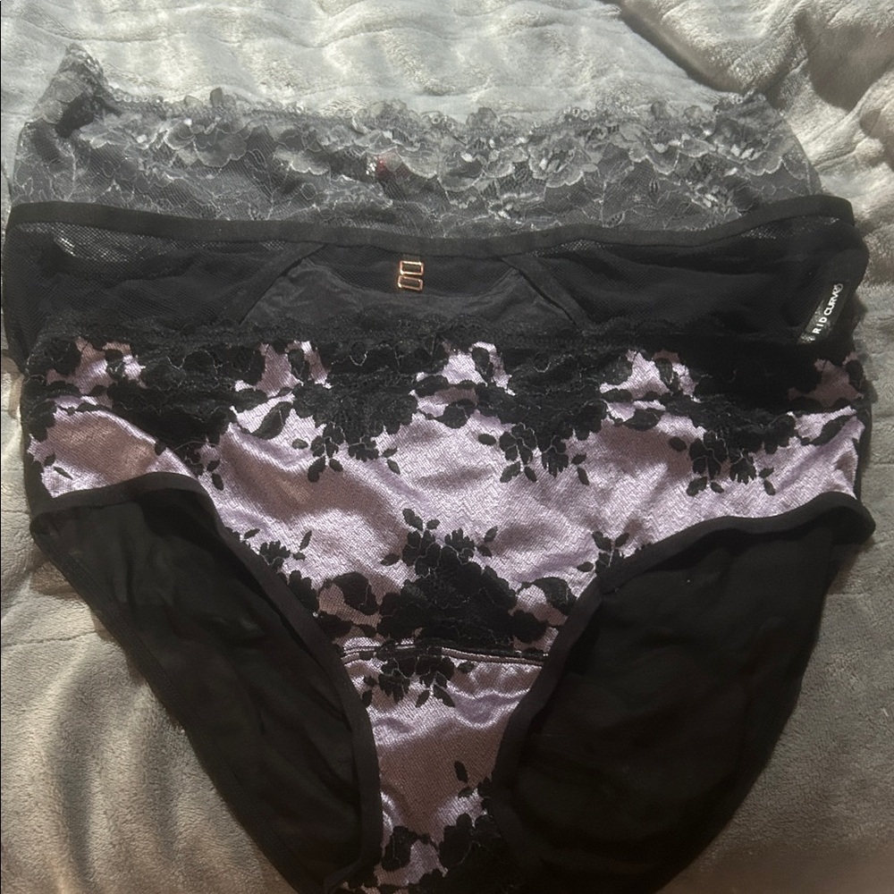 Satin & Lace Bikini Panties in Lilac and Black and Gray. Set of three.